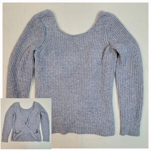 AE Open Criss Cross Back Sweater SM, Grey Chenille Knit Cozy Elegant